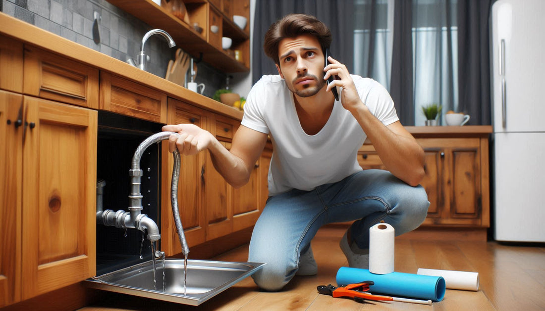 AI image of someone in their kitchen calling a plumber